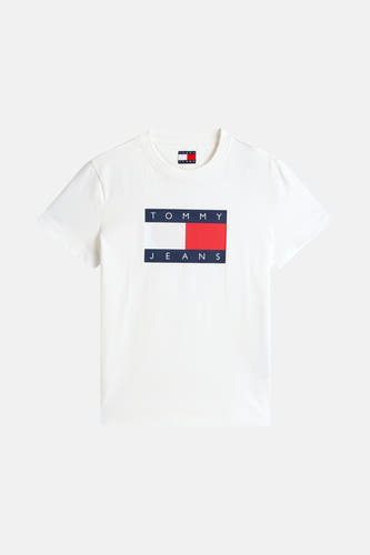 Wit T-shirt met korte mouwen van TOMMY JEANS, met een groot logo op de borst.