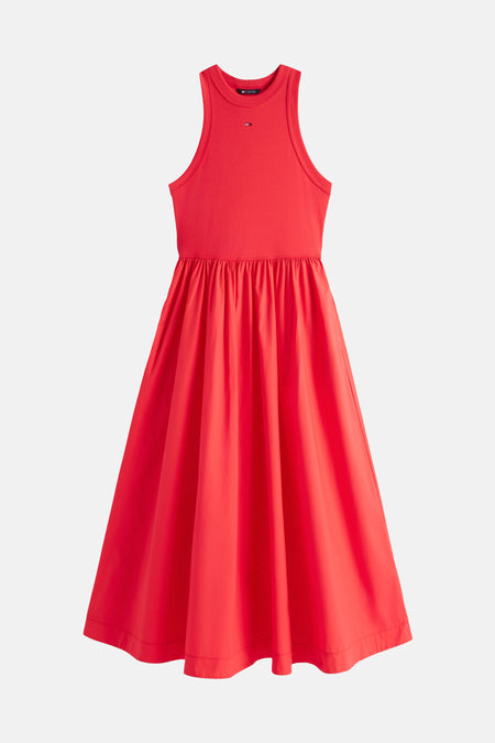 Robe sans manches rouge de TOMMY JEANS, avec une couleur unie et une jupe évasée.
