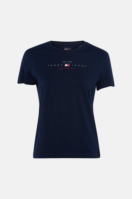 Donkerblauwe korte mouwen T-shirt van TOMMY JEANS met witte en rode logo print op borst, ronde hals, front view