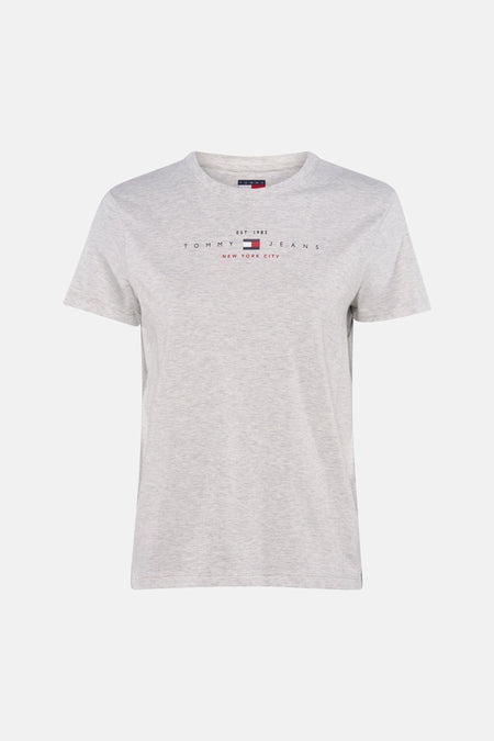 Grijze korte mouw T-shirt van TOMMY JEANS met logo print op borst, ronde hals, voorzijde weergave