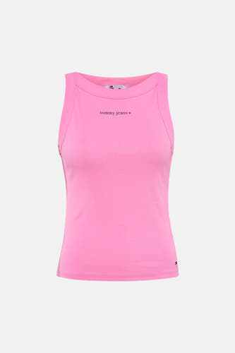 Roze ribbel tanktop van TOMMY JEANS met klein logo op borst, strak model, front view