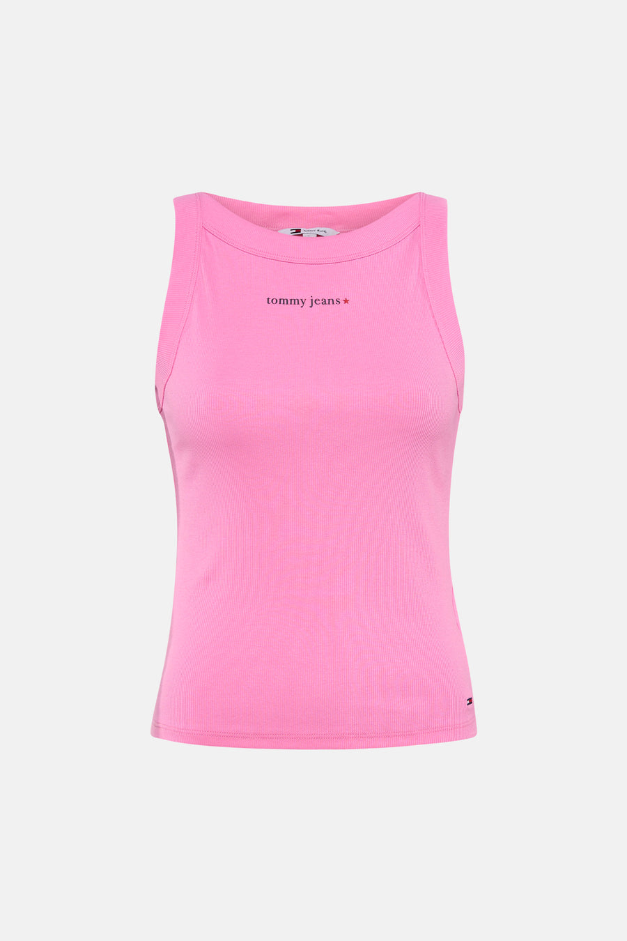 Roze ribbel tanktop van TOMMY JEANS met klein logo op borst, strak model, front view