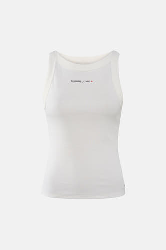 Witte ribbel tanktop van TOMMY JEANS met klein logo op borst, voorzijde weergave