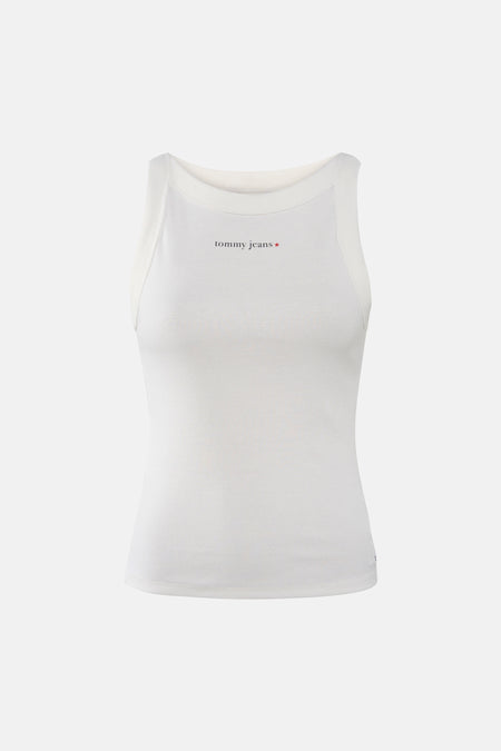 Witte ribbel tanktop van TOMMY JEANS met klein logo op borst, voorzijde weergave