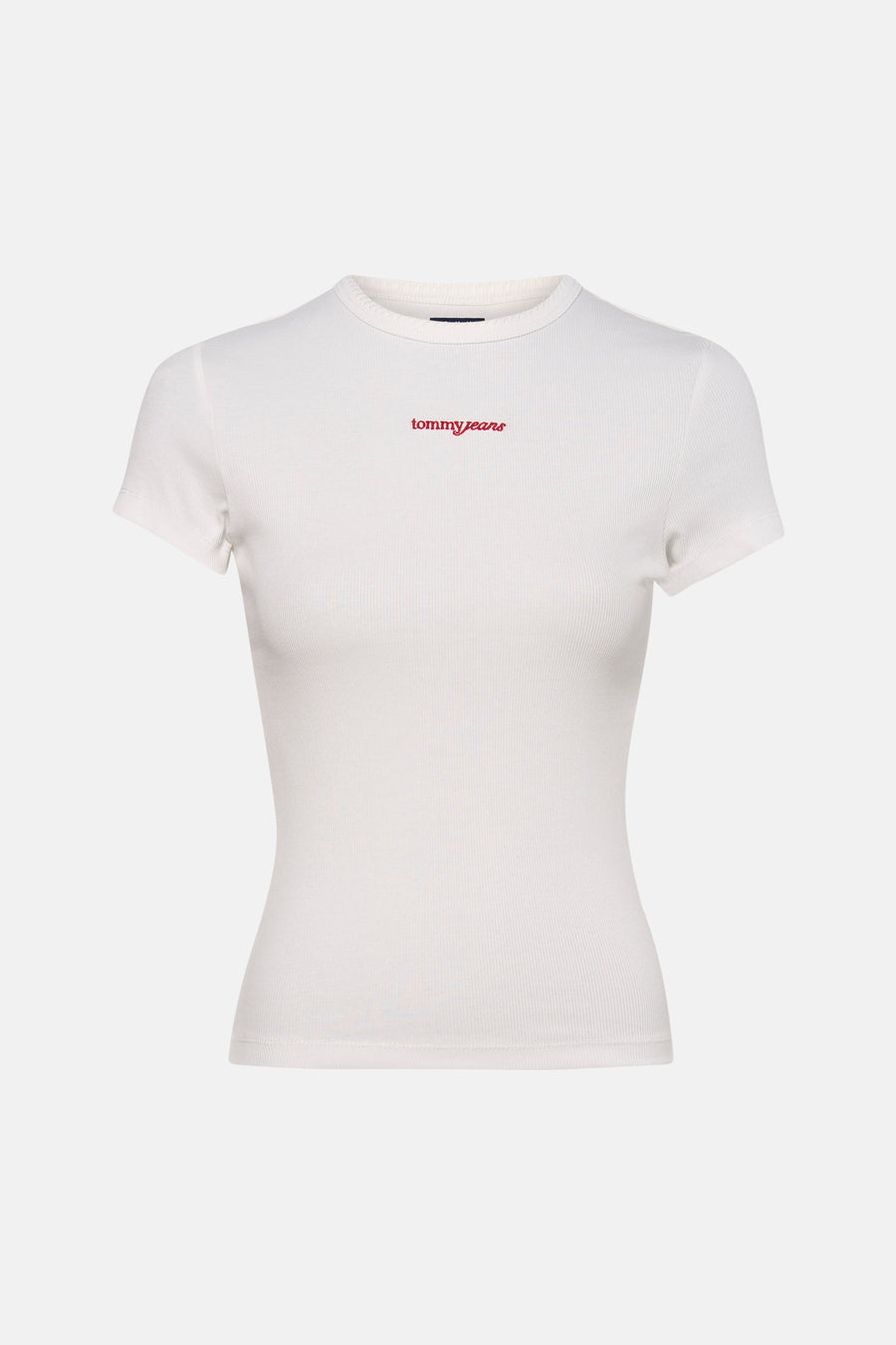 Witte korte mouwen t-shirt van TOMMY JEANS met rode logo borduursel op borst, ribbelstructuur, ronde hals, front view