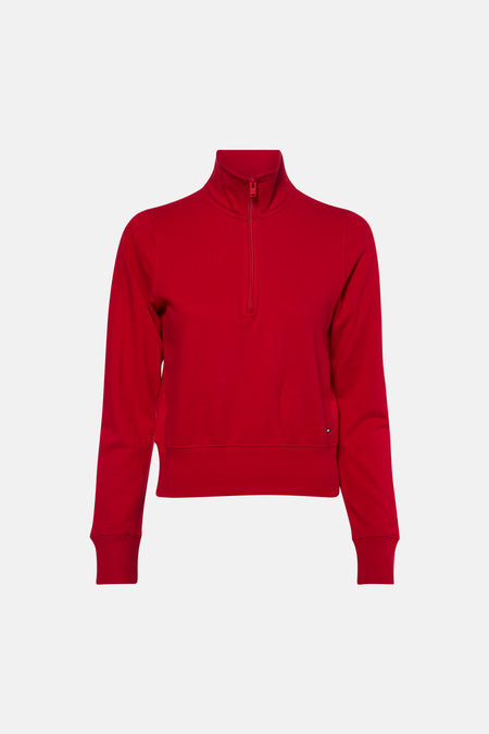 Rode ronde-hals sweater van TOMMY JEANS met halve rits en ribboorden aan mouwen en zoom, front view
