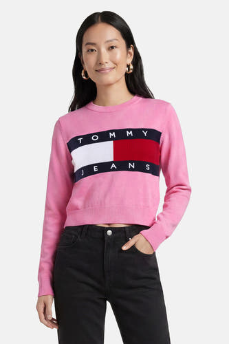 Roze ronde hals trui met Tommy Jeans logo band, van TOMMY JEANS, gedragen met zwarte jeans, front view