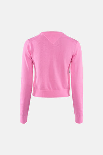 Roze ronde hals trui van TOMMY JEANS, strakke pasvorm, ribboord aan zoom en mouwen, achterkant weergegeven