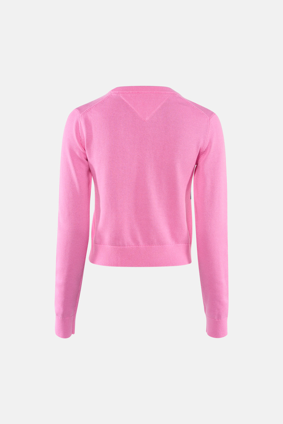 Roze ronde hals trui van TOMMY JEANS, strakke pasvorm, ribboord aan zoom en mouwen, achterkant weergegeven