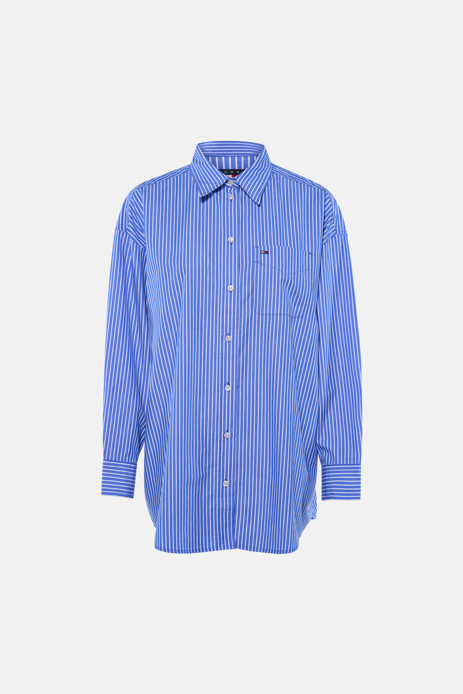 Blauw gestreept lange mouwen overhemd van TOMMY JEANS met borstzakje en knoopsluiting, front view