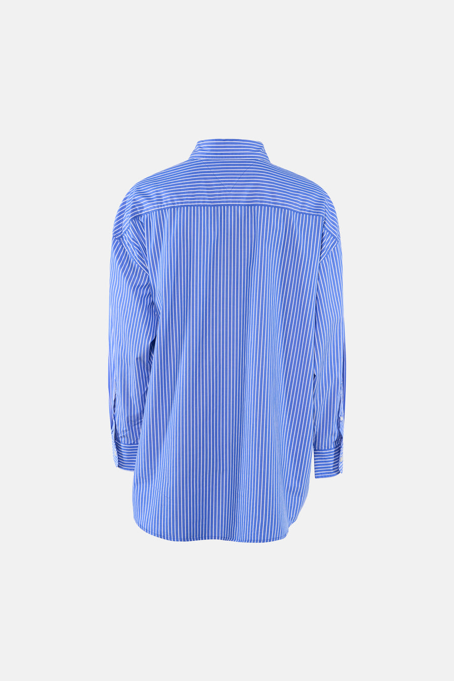 Blauw gestreept overhemd met lange mouwen van TOMMY JEANS, achterkant, verticale witte strepen, losse pasvorm