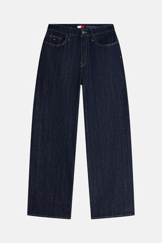 Donkere blauwe wijde jeans van denim van TOMMY JEANS, front view met goudkleurige naden en klassieke zakken