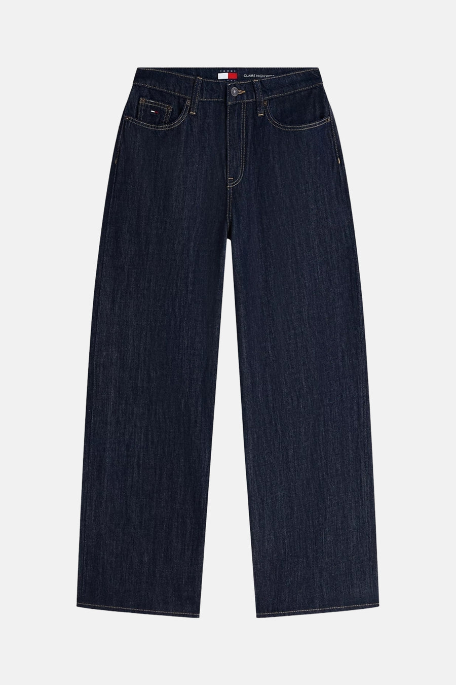 Donkere blauwe wijde jeans van denim van TOMMY JEANS, front view met goudkleurige naden en klassieke zakken