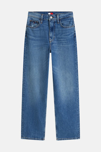 Midblauwe straight jeans van TOMMY JEANS met lichte verbleekdetails en klassieke vijfzakkenstijl, front view