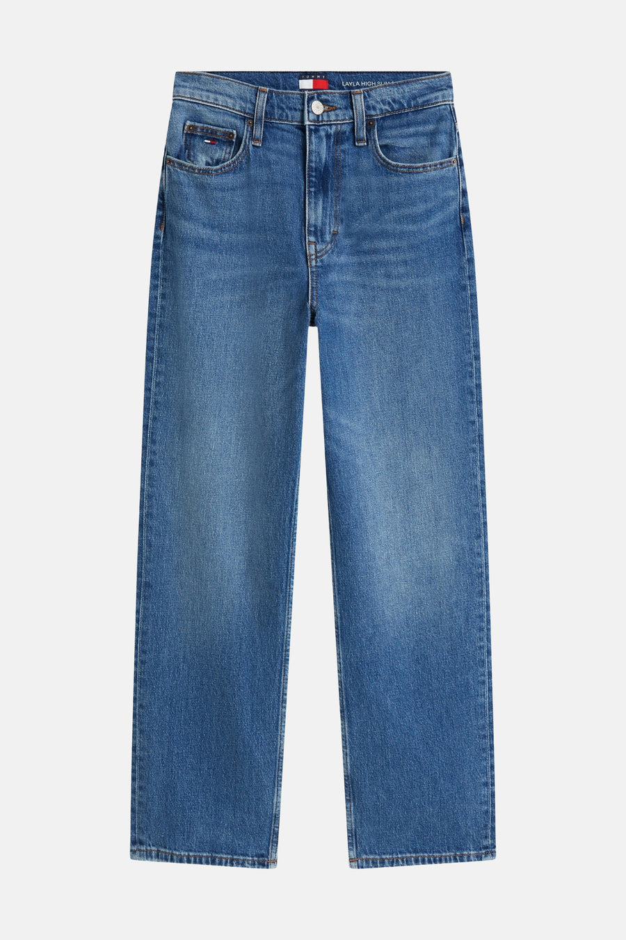 Midblauwe straight jeans van TOMMY JEANS met lichte verbleekdetails en klassieke vijfzakkenstijl, front view