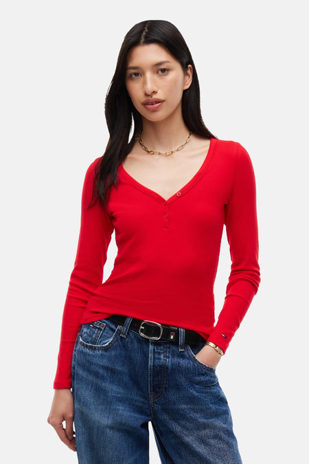 Top uni manche longue rouge - TOMMY JEANS