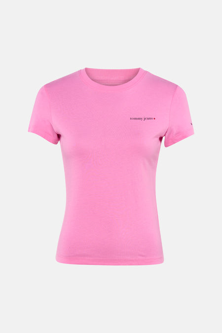 Roze korte mouwen T-shirt van TOMMY JEANS met klein logo op borst, ronde hals en gladde stof, front view