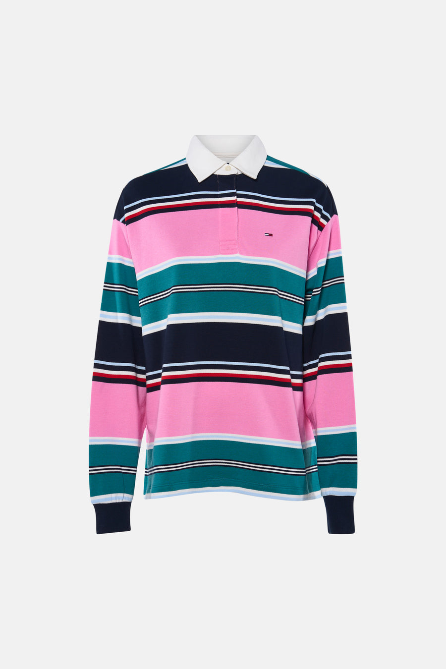 Multicolor gestreepte lange mouwen polo van TOMMY JEANS met witte kraag en klein logo op borst, front view
