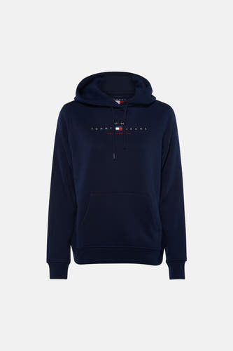 Donkerblauwe sweater met kap van TOMMY JEANS, voorzien van witte logo op borst en voorzak, front view