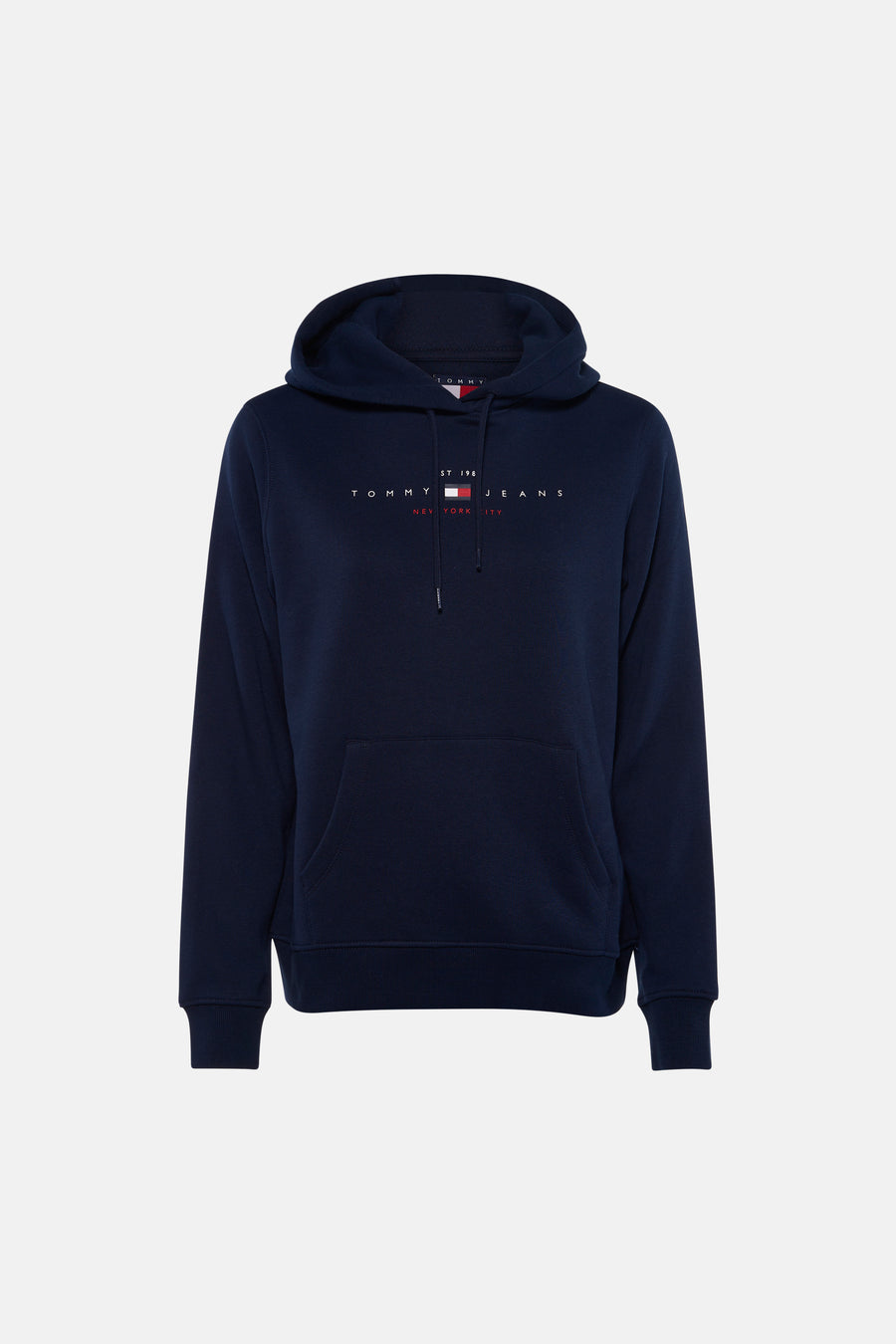 Donkerblauwe sweater met kap van TOMMY JEANS, voorzien van witte logo op borst en voorzak, front view