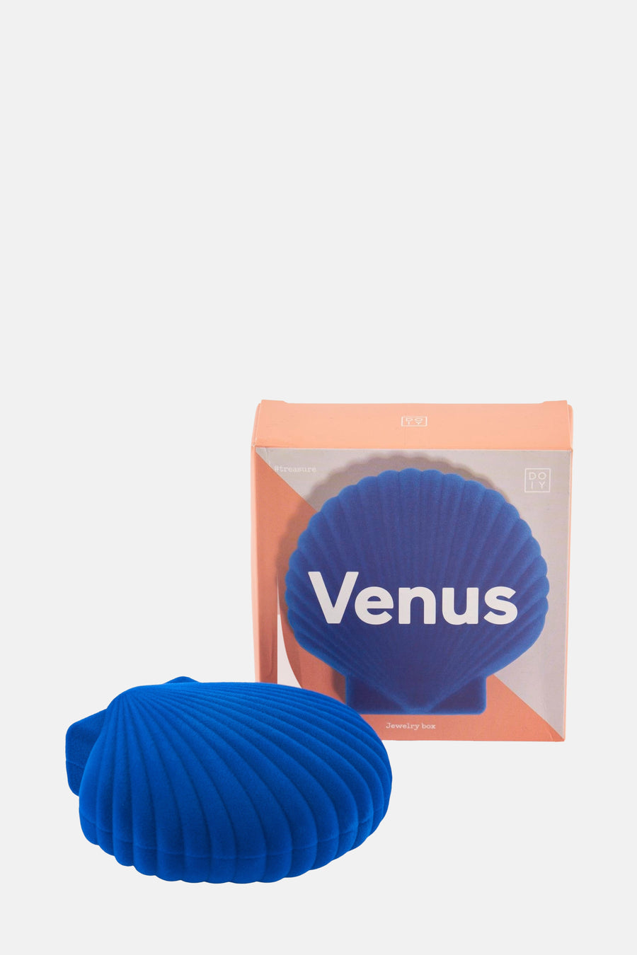 Blauwe cadeau-sieradendoos "Venus" van DOIY, in de vorm van een schelp en met een ribbelstructuur, met verpakking.