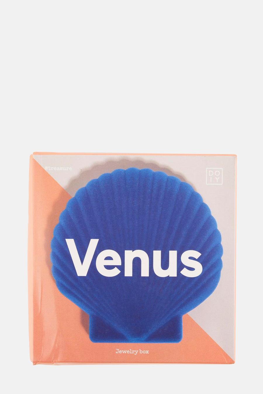Blauwe sieradendoos in schelpvorm van DOIY met witte "Venus" tekst op een doos met kleurvlakken.