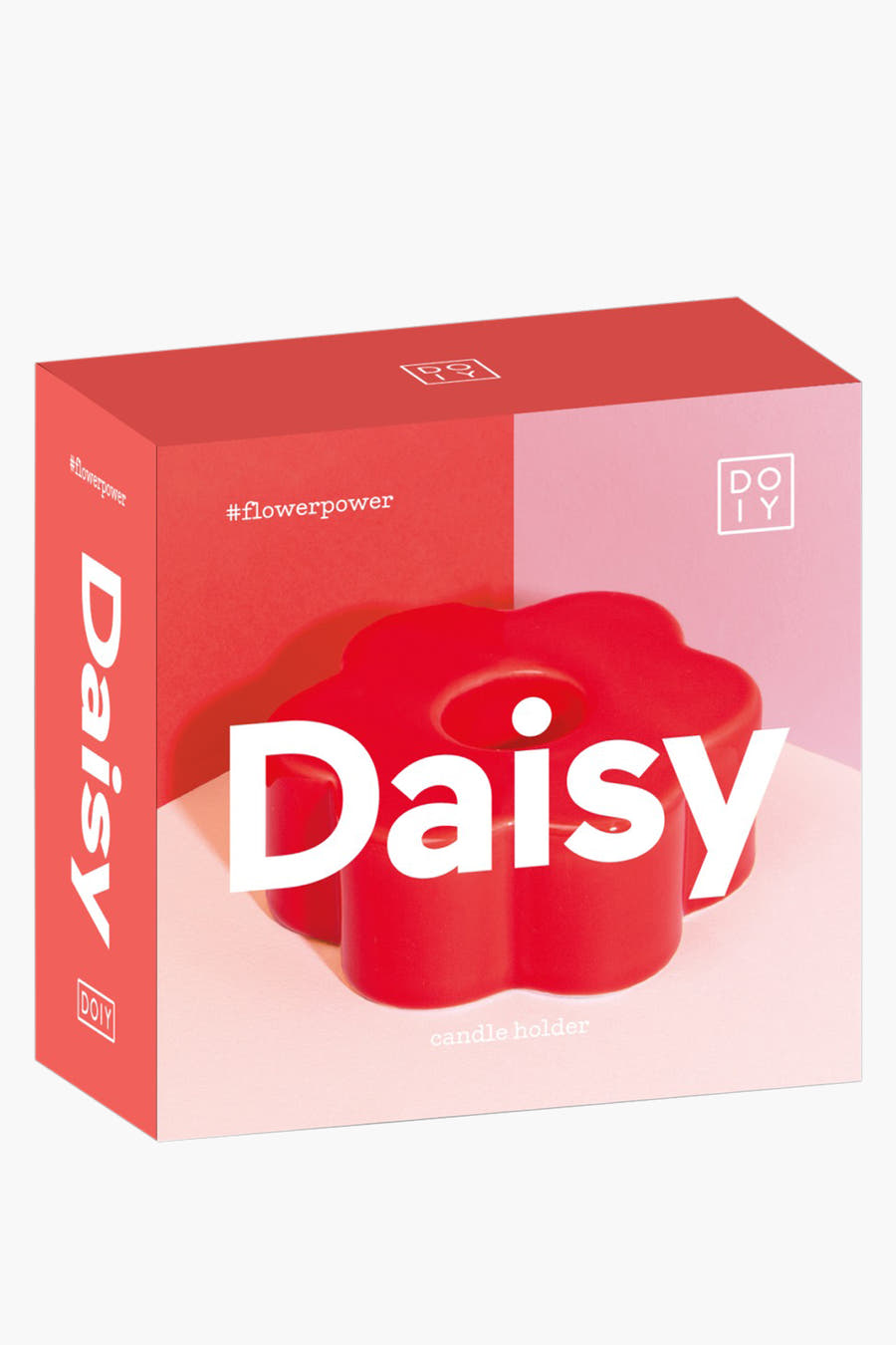 Rode bloemvormige kaarsenhouder van DOIY, gepresenteerd in de verpakking met branding en hashtags.