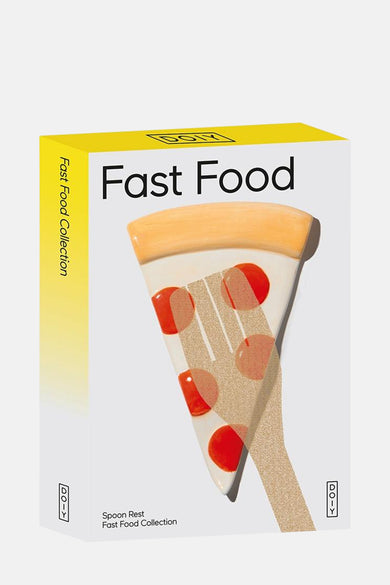 Multikleurig fastfood cadeauartikel van DOIY, met een pizzapunt en spatel afgebeeld op de verpakking.