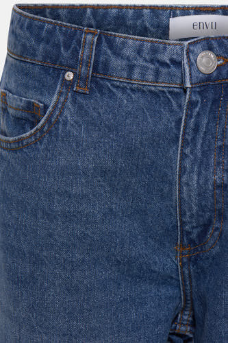 Blauwe straight jeans van denim van ENVII, met bruine stiksels en een zilverkleurige knoop.
