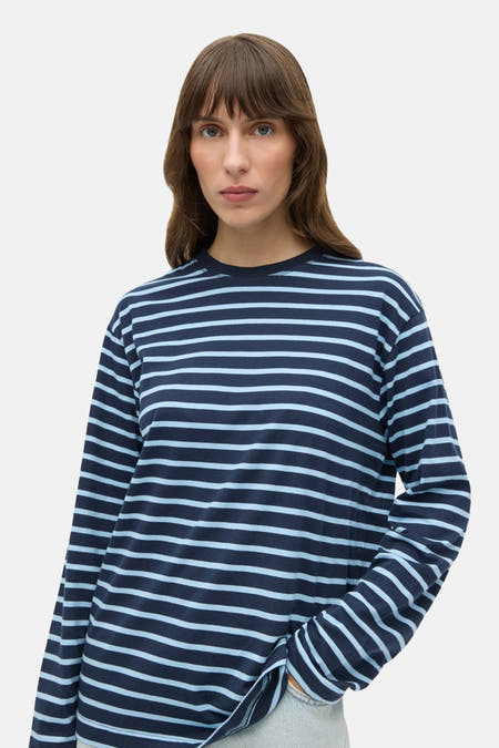 T-shirt à manches longues rayé bleu d'ENVII, avec col rond et manches longues.