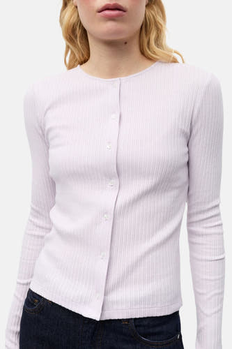 Paars cardigan van ENVII, met lange mouwen, ribgebreide textuur en knoopsluiting.