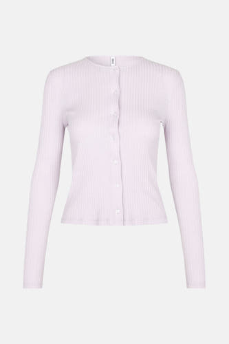 Paarse cardigan van ENVII met lange mouwen en knoopsluiting.

