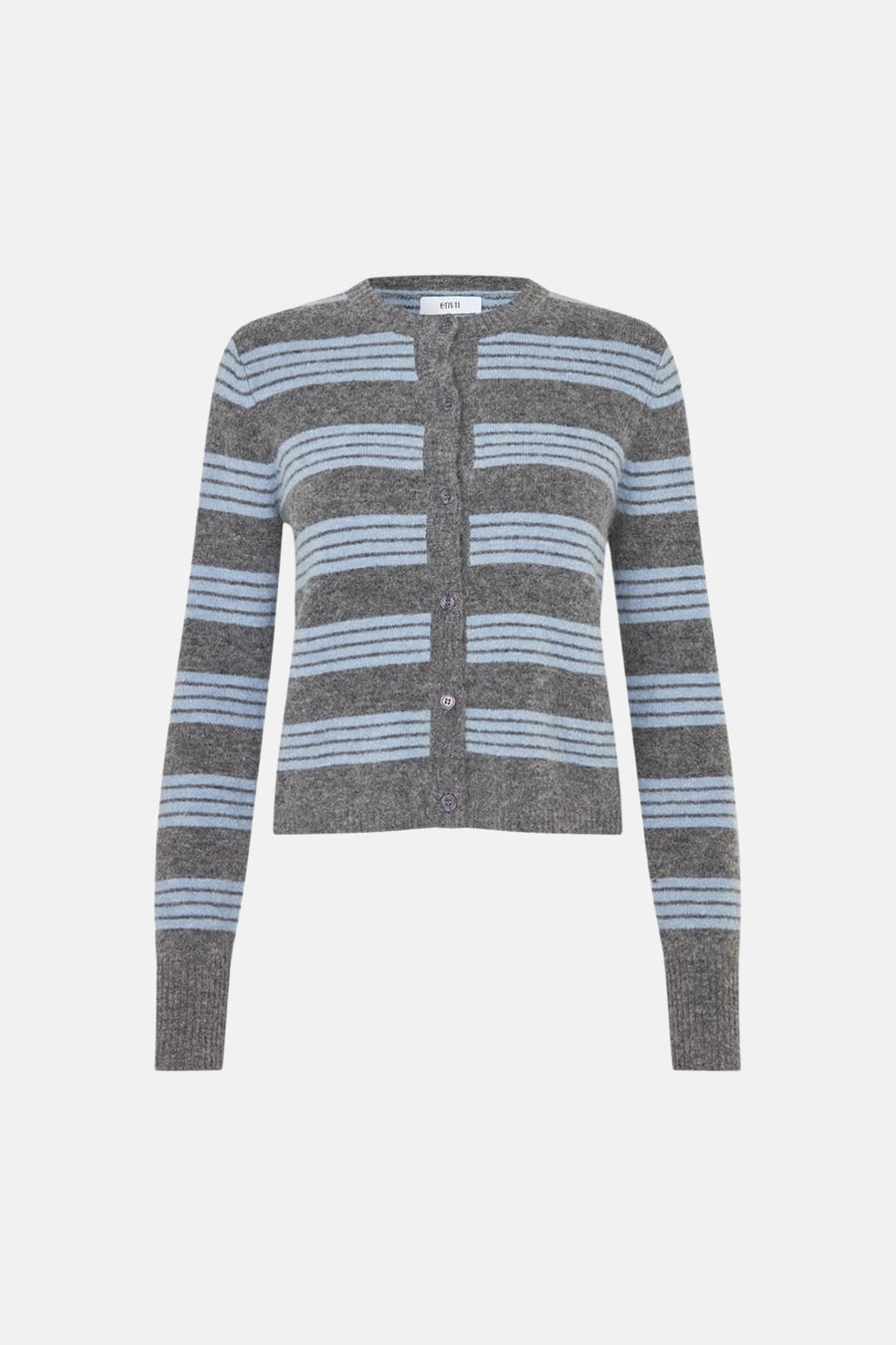 Gilet gris d'ENVII avec des rayures horizontales bleu clair et une fermeture à boutons.