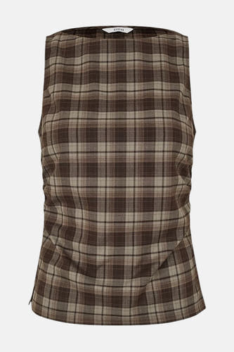 Mouwloze blouse in bruin ruitpatroon van ENVII, met een geplooid detail aan de zijkant.
