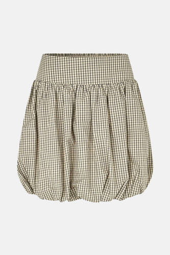 Beige korte rok van ENVII, met een geruite print en een elastische tailleband.
