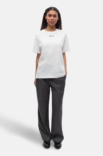 Pantalon gris à rayures de craie d'ENVII, associé à un t-shirt blanc, dos.