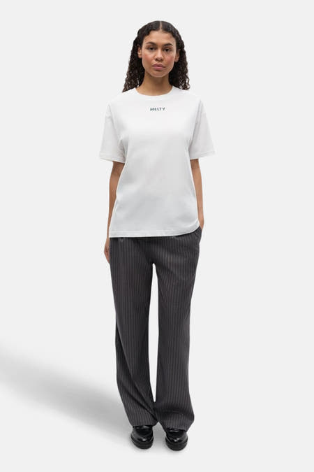 Pantalon gris à rayures de craie d'ENVII, associé à un t-shirt blanc, dos.