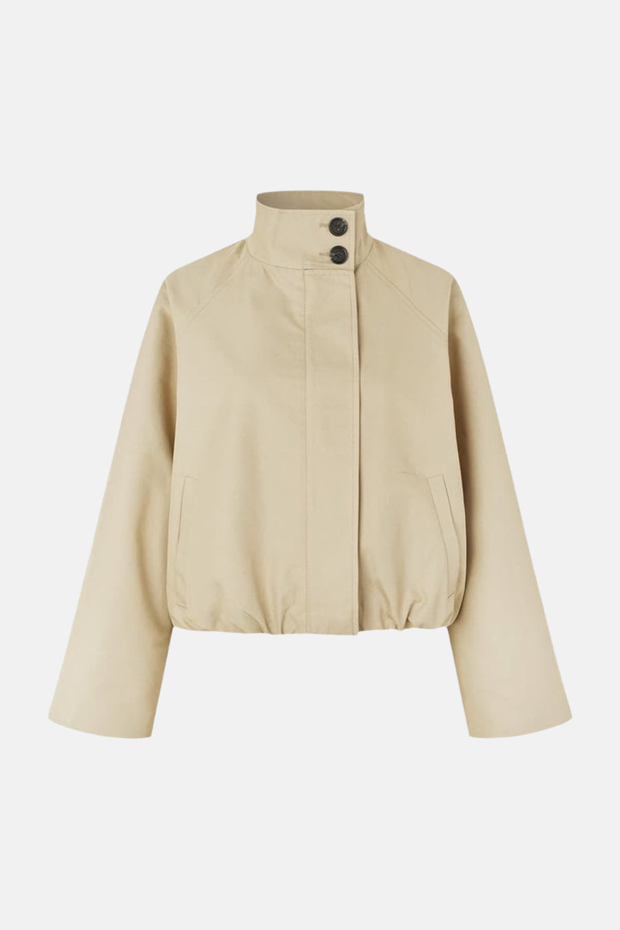 Manteau court beige d'ENVII avec un col montant et deux boutons foncés.