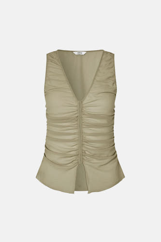 Groene mouwloze blouse met ruches en diepe V-hals van ENVII, front view, gladde stof, centrale sluiting
