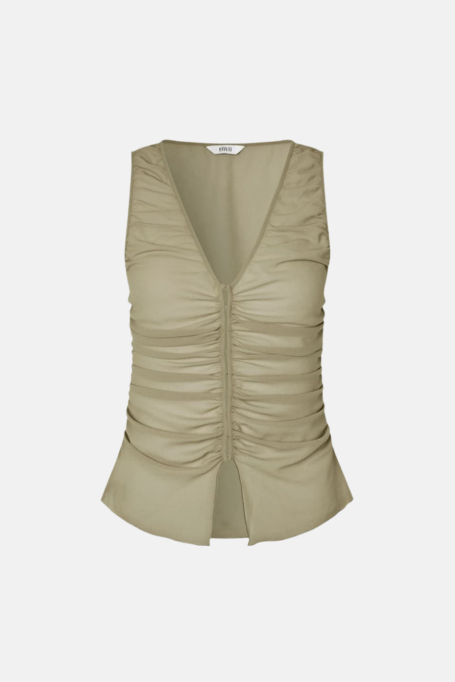 Groene mouwloze blouse met ruches en diepe V-hals van ENVII, front view, gladde stof, centrale sluiting