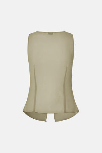 Groene mouwloze blouse van ENVII, achterzijde met asymmetrische zoom en fijne plooien, lichte stof, minimalistisch design