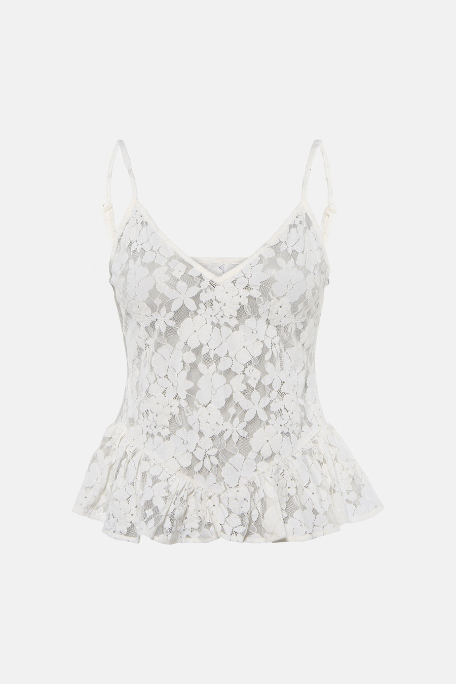 Witte kanten camisole van ENVII met bloemenpatroon en een uitlopende rucheszoom.
