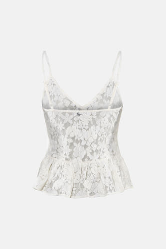 Witte kanten mouwloze blouse van ENVII met bloemenpatroon, spaghettibandjes en peplum zoom, achterzijde.