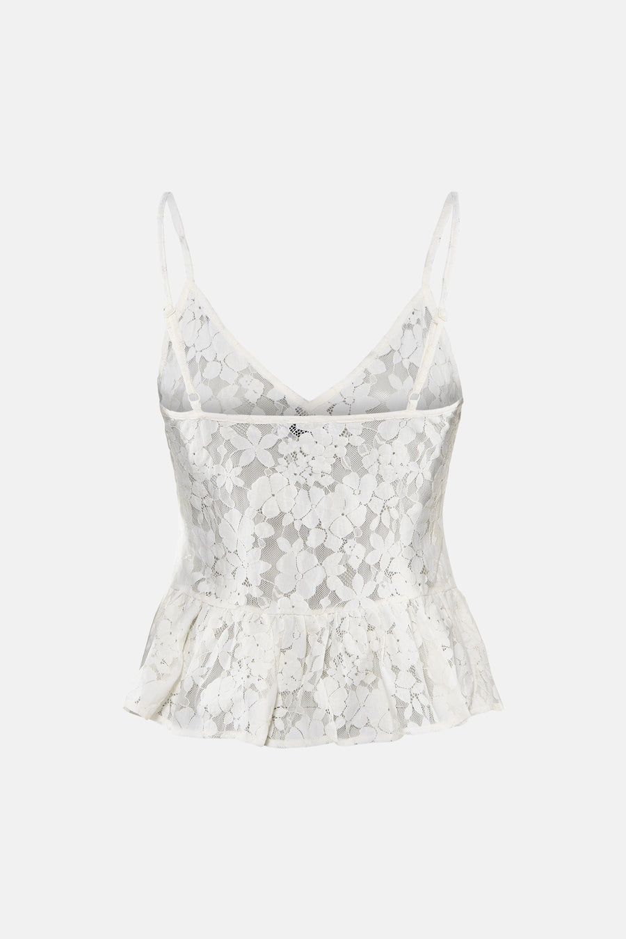 Witte kanten mouwloze blouse van ENVII met bloemenpatroon, spaghettibandjes en peplum zoom, achterzijde.