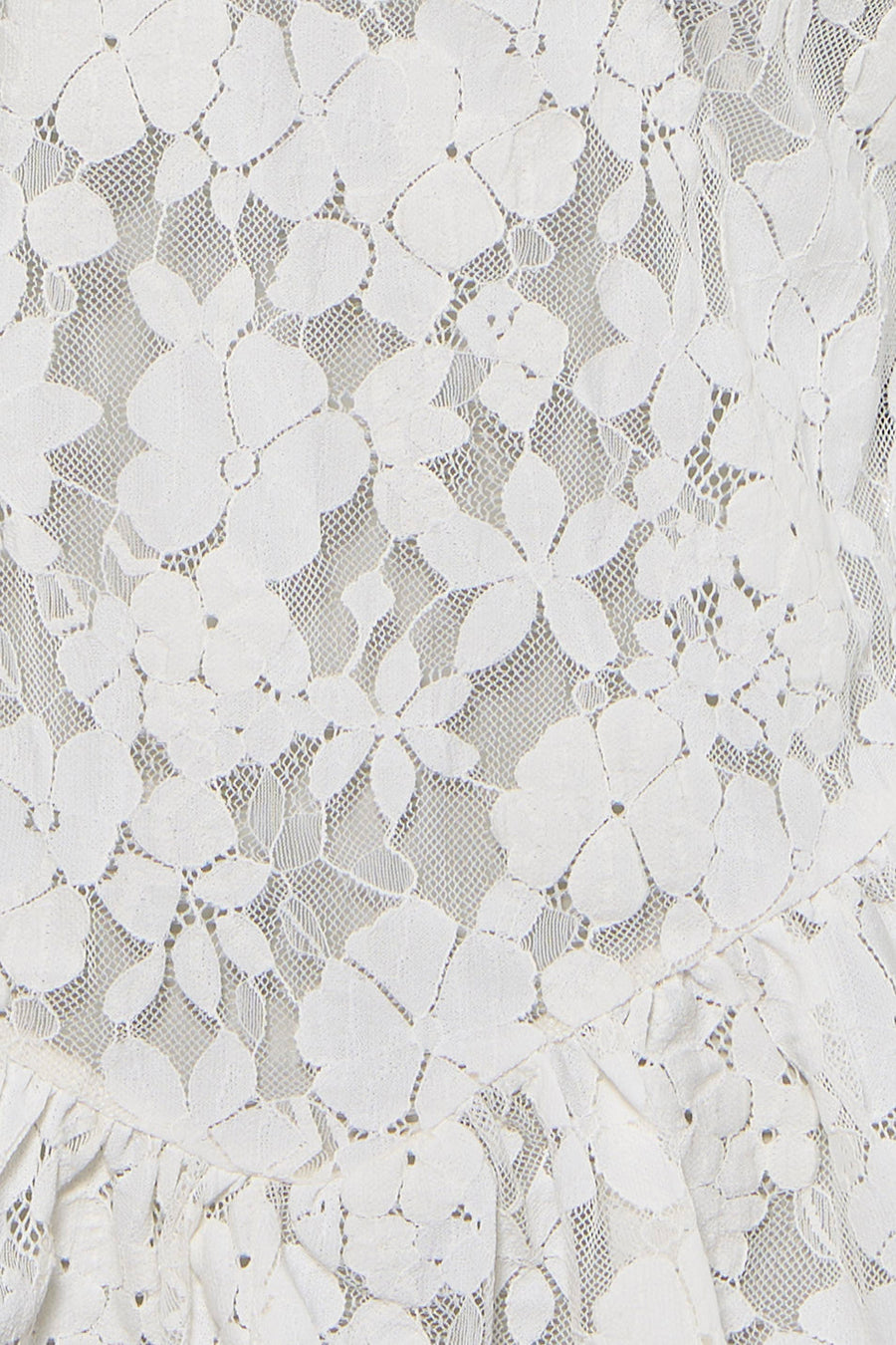Witte blouse van ENVII, met bloemenkant en gerimpelde rand, close-up.