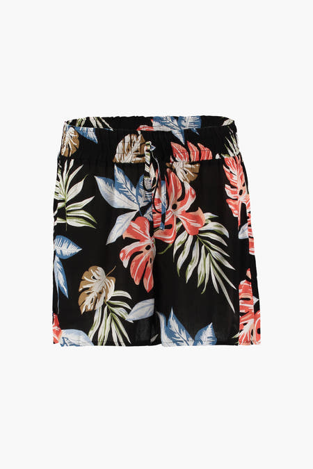 Zwarte short van HAILYS, met kleurrijke tropische bladerenprint en een trekkoord in de taille.