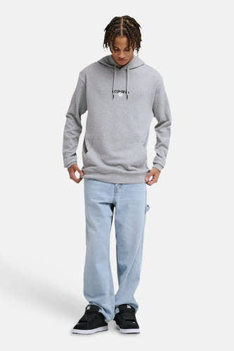 Grijze sweater met kap van DC SHOES, met een logo op de borst en gecombineerd met wijde jeans en zwarte schoenen.
