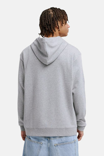Grijze sweater met kap van DC SHOES, rugzijde met lichtblauwe jeans.
