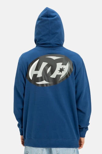 Blauwe sweater met kap van DC SHOES, met groot logo op de rug.
