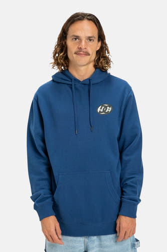 Blauwe sweater met kap van DC SHOES, met logo op de borst en trekkoorden aan de capuchon.